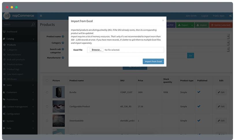 nopCommerce import export products