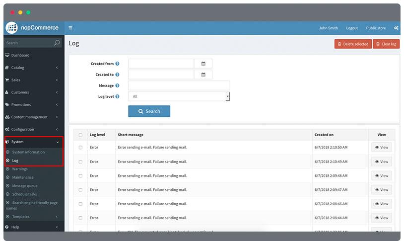 nopCommerce system log errors